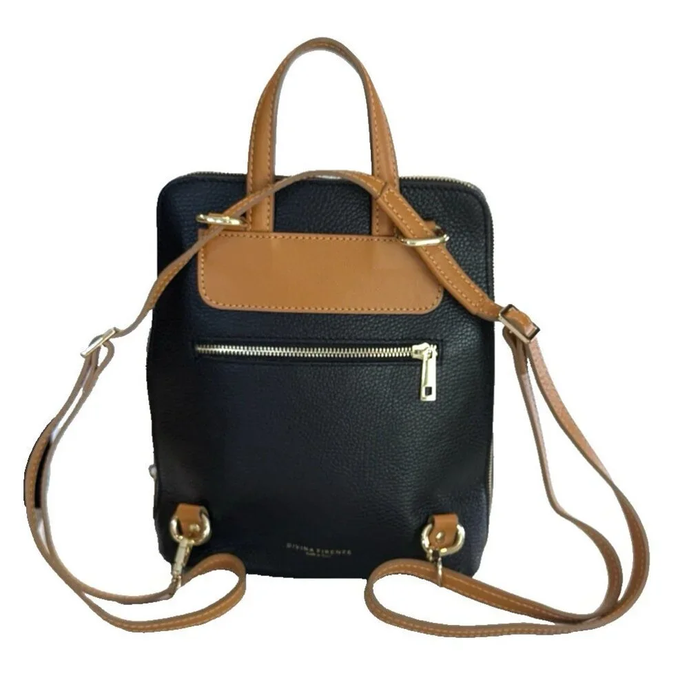 DIVINA FIRENZE Italian Made Leather Black Cognac Convertible Backpack Bag Pocket